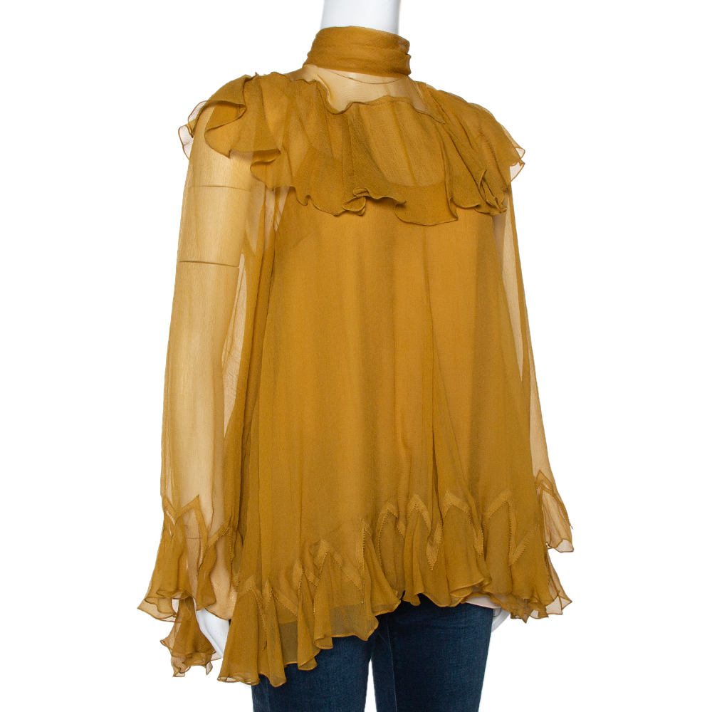 

Chloe Mustard Yellow Silk Crepon Ruffled Godet Blouse