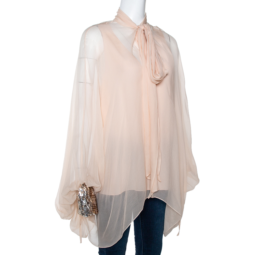 

Chloe Light Powder Pink Sheer Silk Sequined Cuff Cocktail Blouse