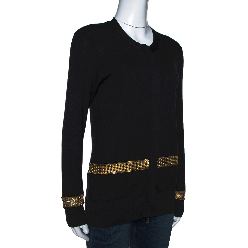 

Chloe Black Cotton Silk Knit Metal Trim Zip Front Cardigan