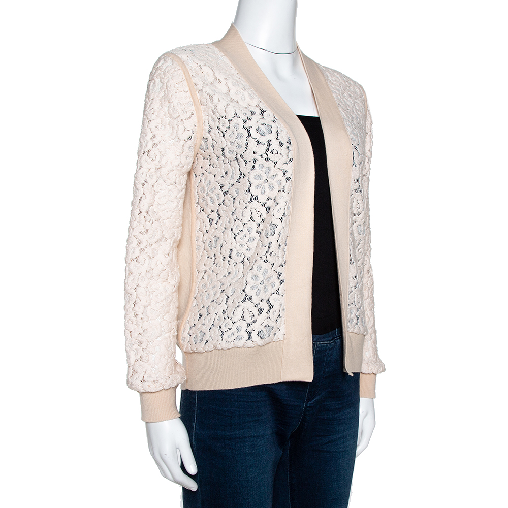 

Chlo÷ Peach Cashmere Wool Guipure Lace Detail Open Cardigan, Pink