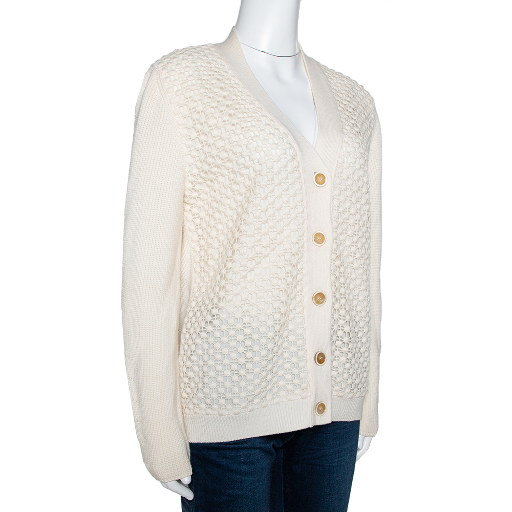 

Chloé Natural Cream Wool Lace Overlay Button Front Cardigan