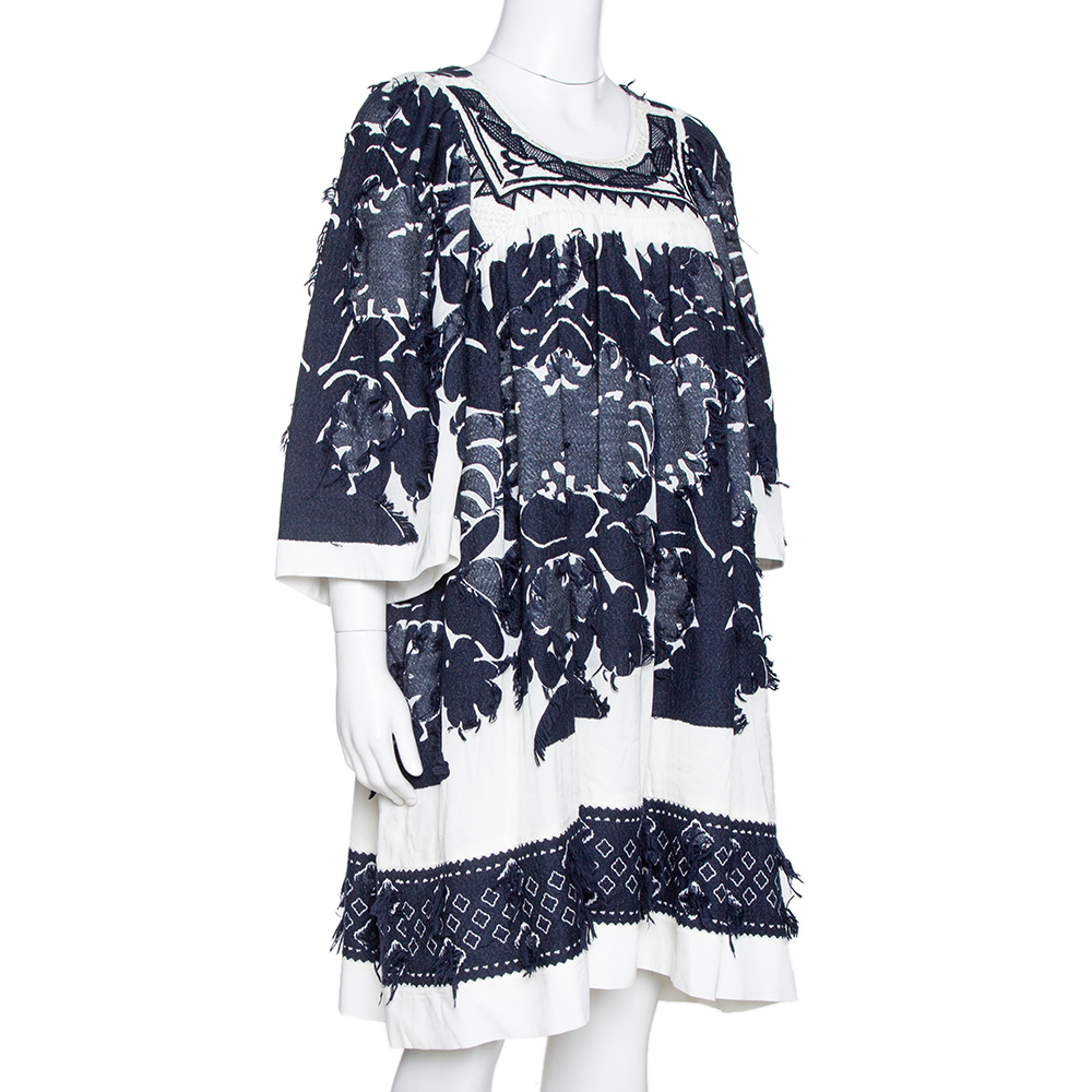 

Chloe Navy & White Fringed Jacquard Lace Trim Shift Dress, Navy blue