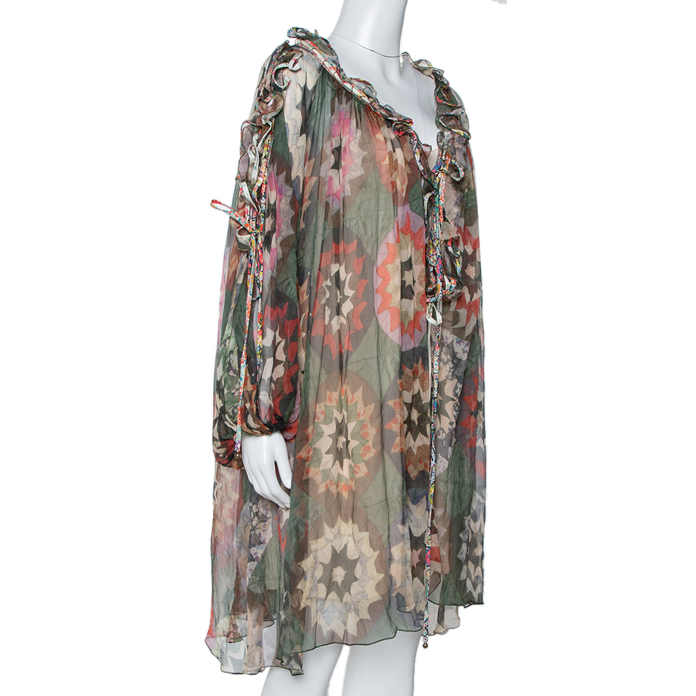 

Chloe Green Rosace Patchwork Print Silk Crepon Ruffled Dress