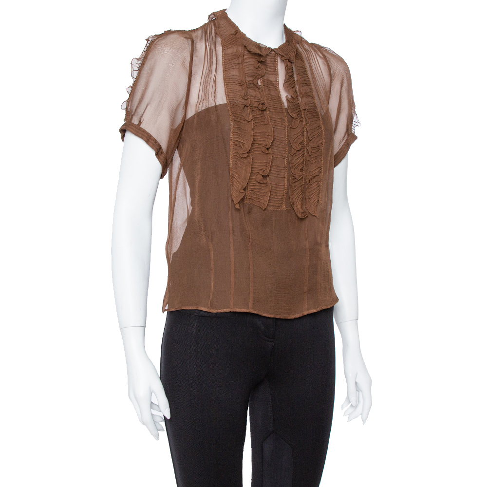 

Chloe Brown Silk Sheer Ruffle Detail Top