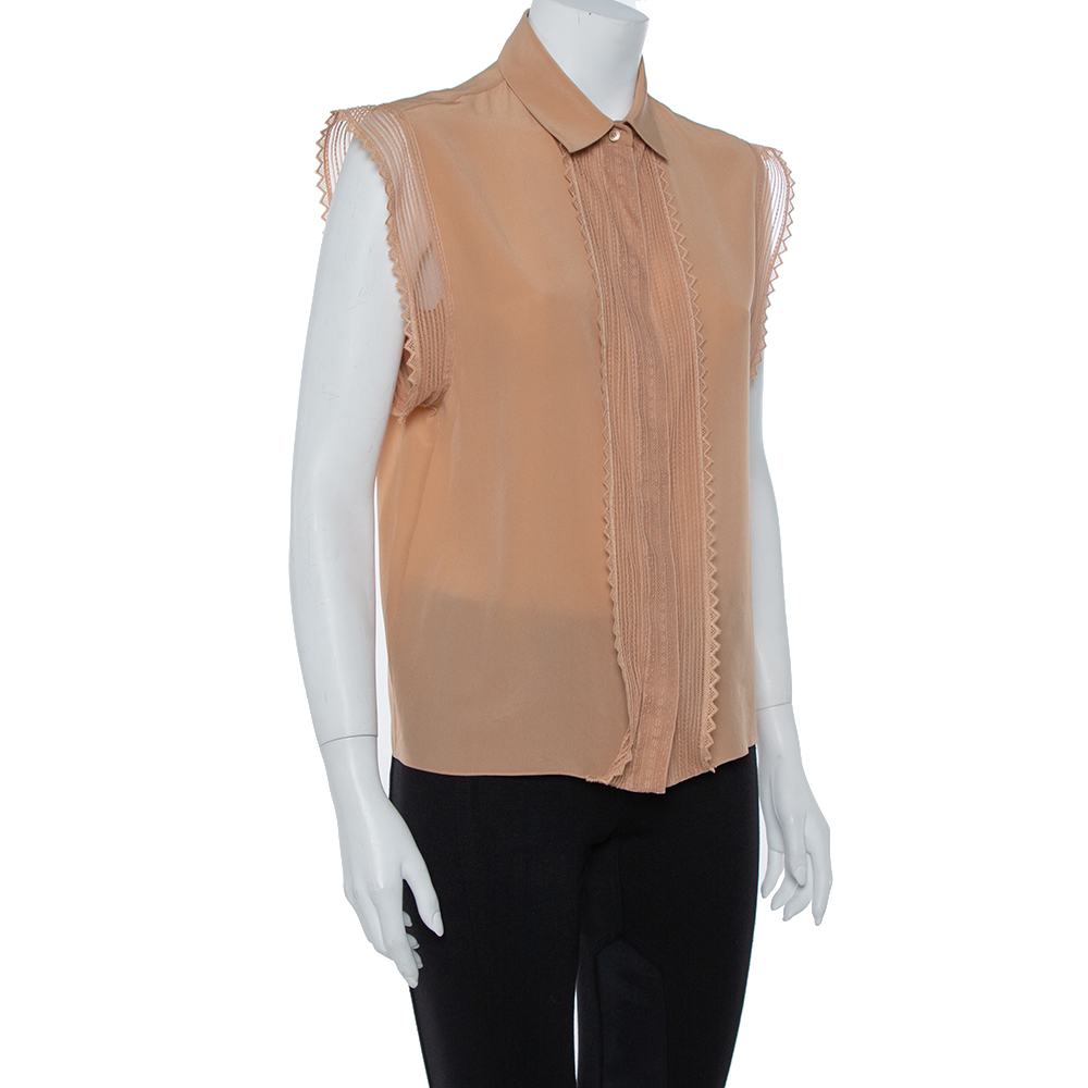

Chloe Brown Silk Lace Trim Button Front Blouse