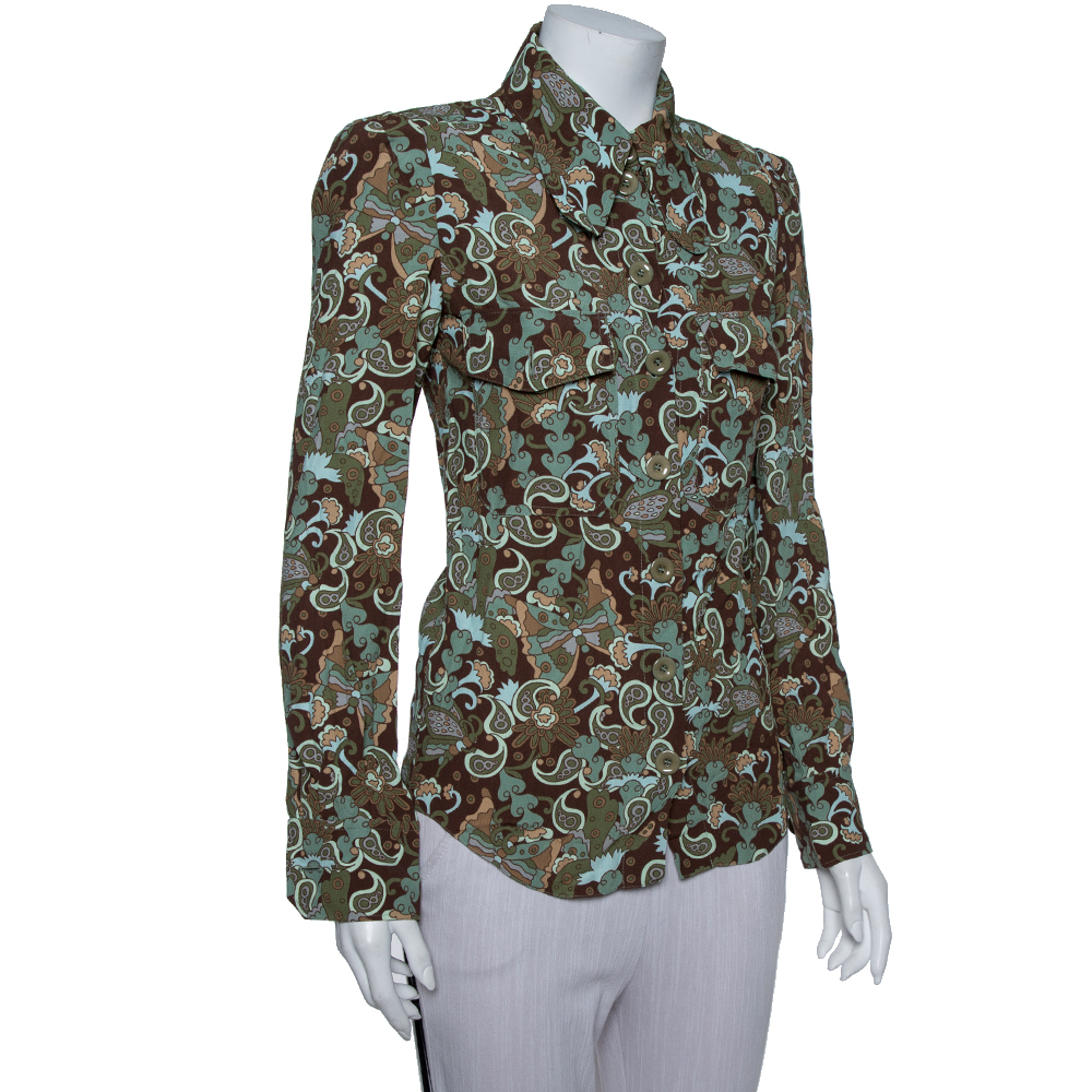 

Chloe Green & Brown Crepe Printed Button Front Retro Shirt