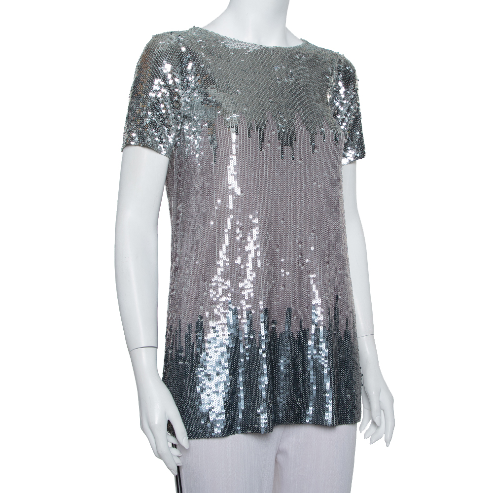 

Chloe Silver Sequin Embellished Mesh Short Sleeve Top