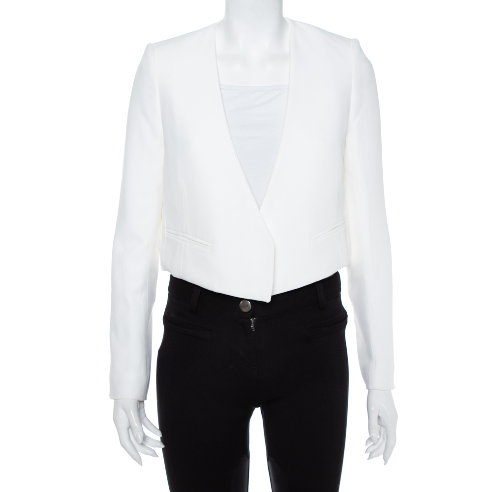 Pre-owned Chloé Chlo&eacute; Ivory Crepe Open Front Cropped Blazer M In White