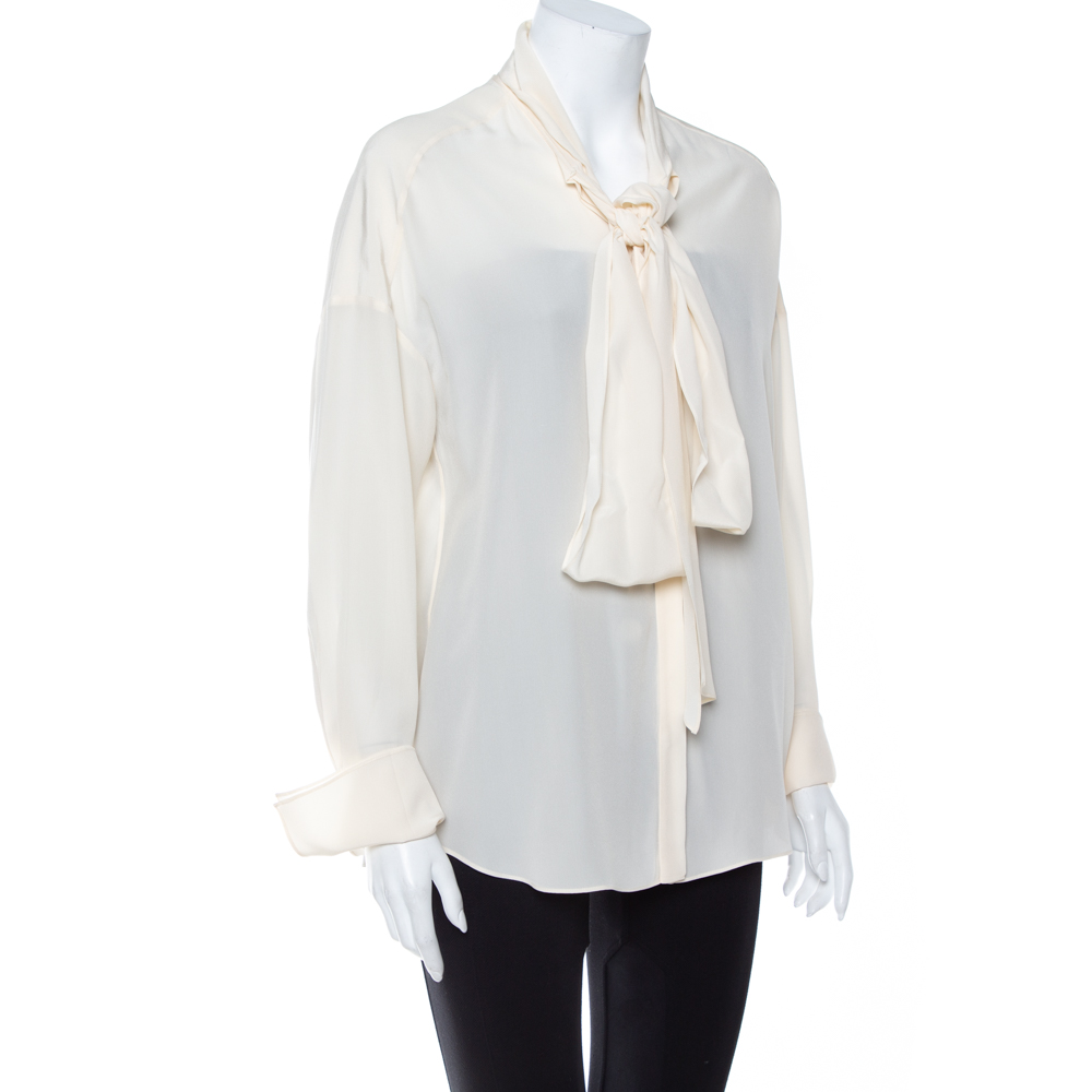 

Chloe Cream Crepe De Chine Long Sleeve Tie Detail Buttoned Blouse