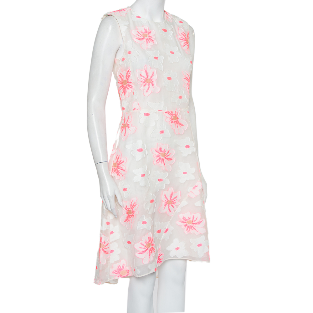 

Chloe White & Fluo Pink Floral Embroidered Organza Sheath Dress