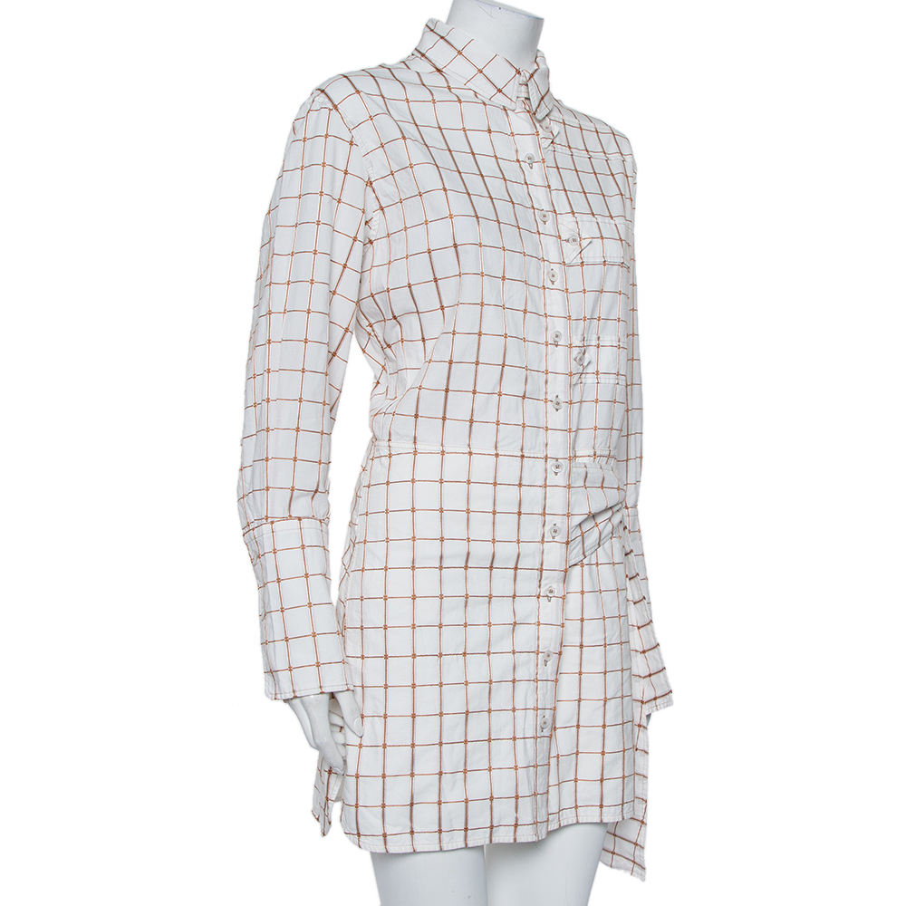 

Chloe White & Brown Checkered Cotton Waist Tie Detail Mini Shirt Dress