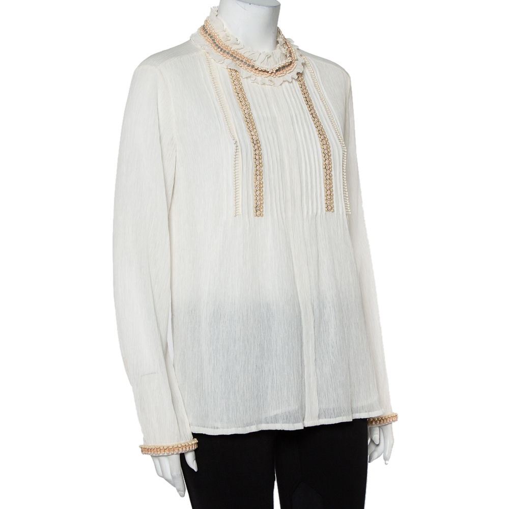 

Chloé Off-White Crinkled Cotton Embroidered Trim Detail Top