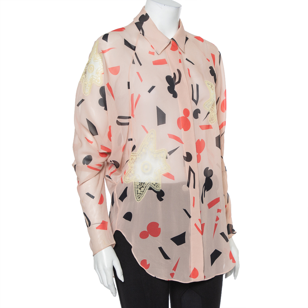 

Chloe Pink Printed Silk Embroidery Trim Detail Oversized Top