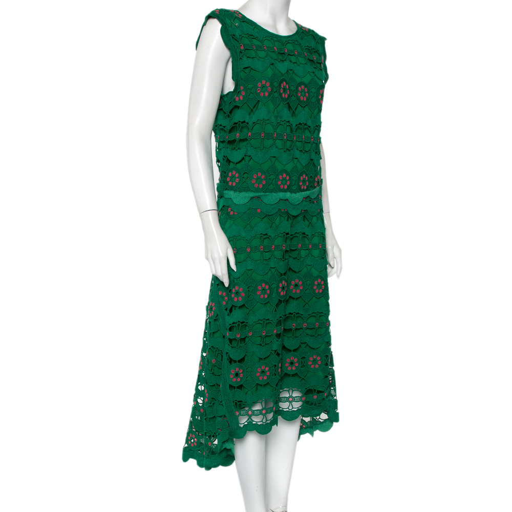 

Chloé Green Guipure Lace Asymmetric Hem Midi Dress