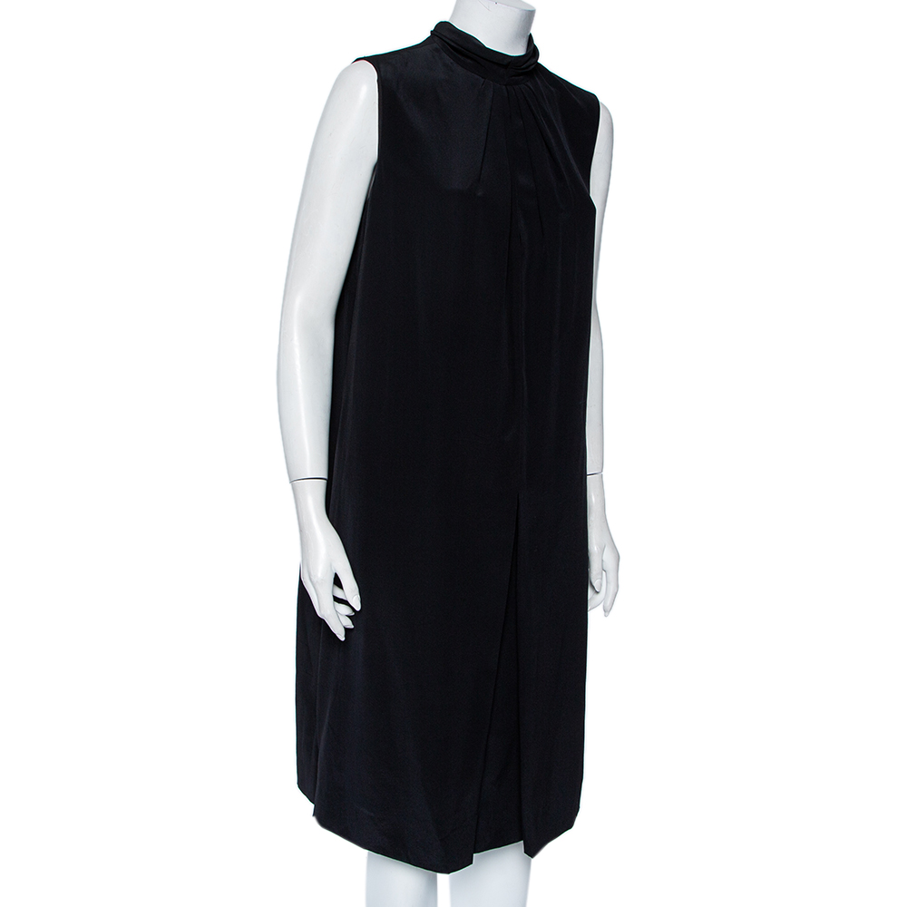 

Chloe Black Silk Neck Tie Detail Pleated Sleeveless Shift Dress