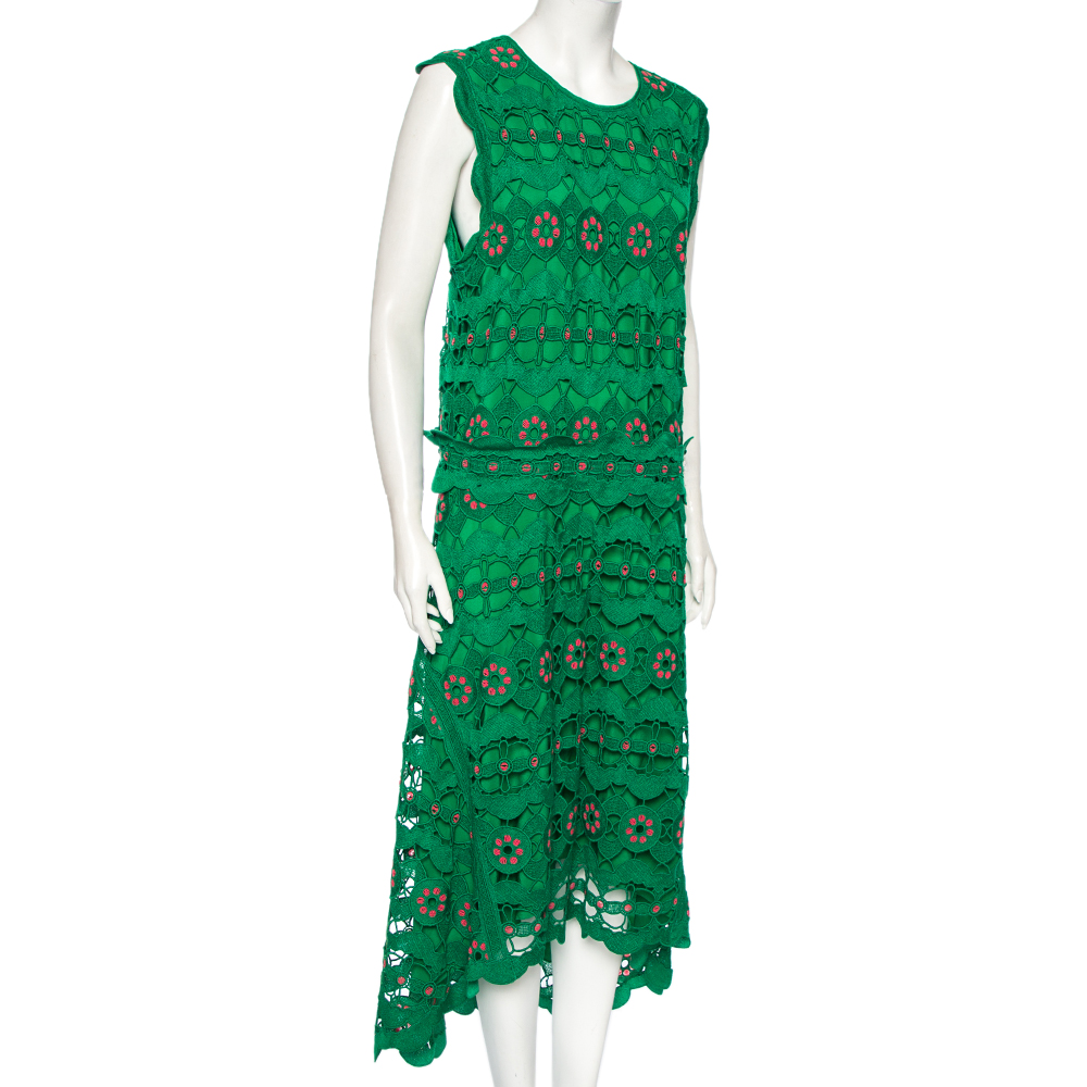 

Chloe Green Guipure Lace Asymmetrical Hem Detail Midi Dress