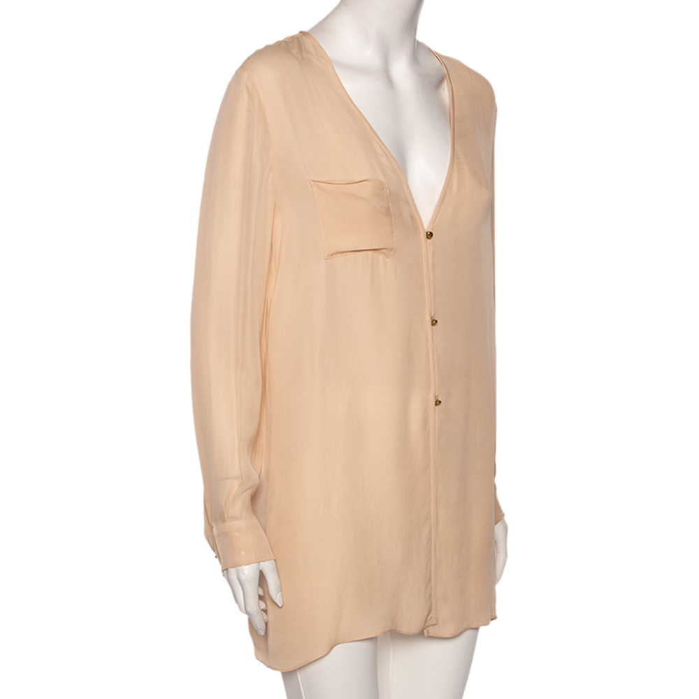 

Chloe Peach Silk Pocket Detailed Button Front Oversized Blouse, Pink