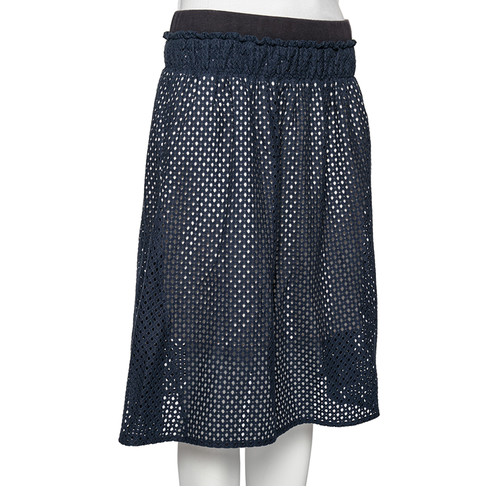 

See by Chloe Navy Blue Eyelet Cotton Gathered Waist Detailed Skirt