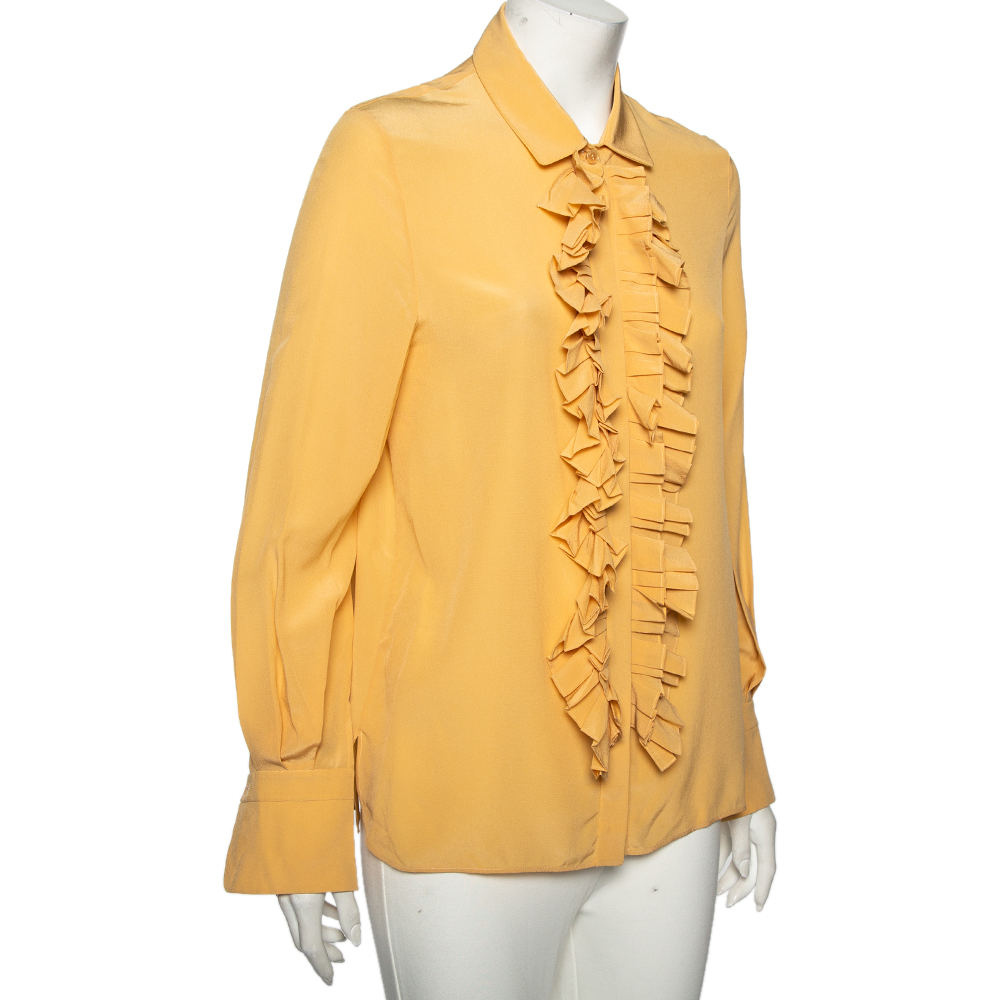 

Chloe Golden Beige Silk Ruffled Front Detail Long Sleeve Shirt