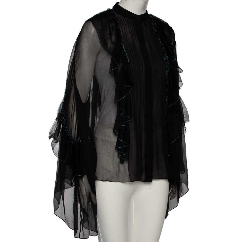 

Chloe Black Silk Chiffon Ruffled Oversized Sheer Top