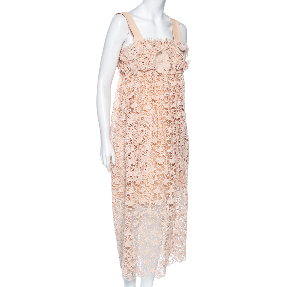 

Chloe Delicate Brown Floral Lace Empire Waist Midi Dress, Beige