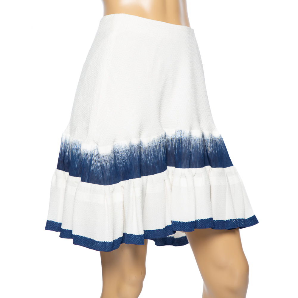 

Chloe Ivory & Blue Textured Silk Wave Stripe Ruffled Skirt, White