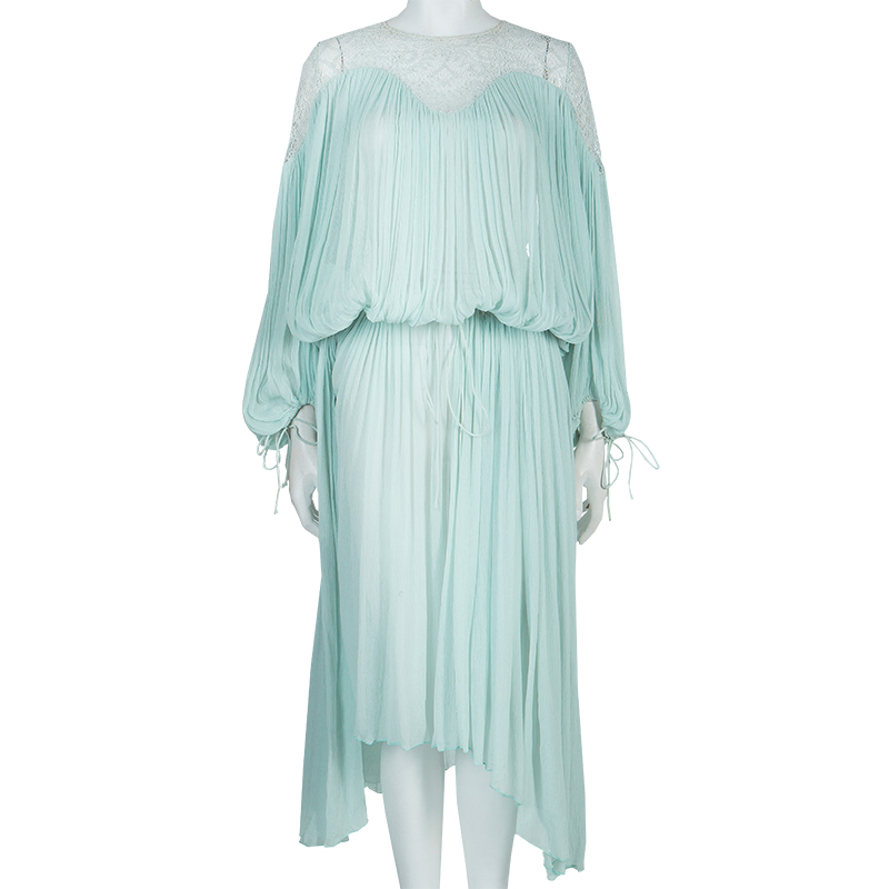 

Chloe Light Blue Crinkled Chiffon Lace Detail Long Sleeve Maxi Dress