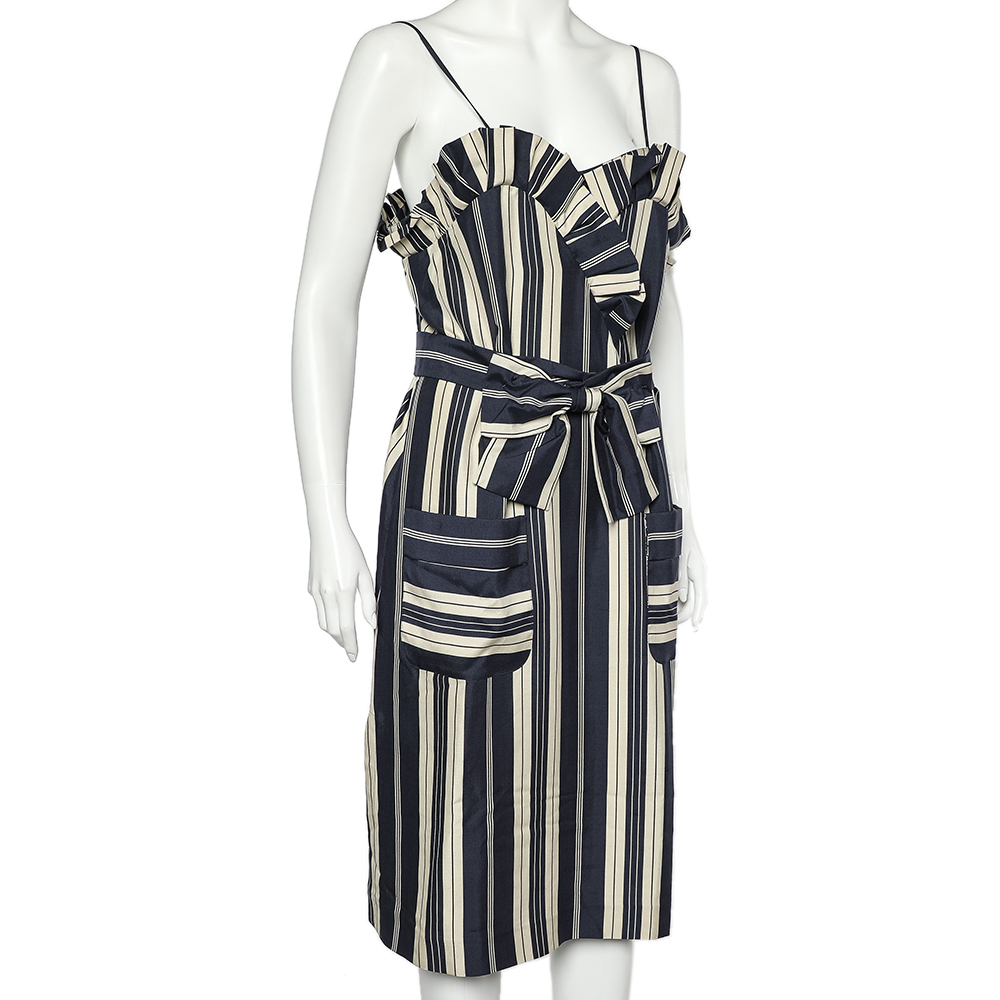 

Chloe Navy Blue & Ecru Striped Silk Ruffled Belted Midi Dress