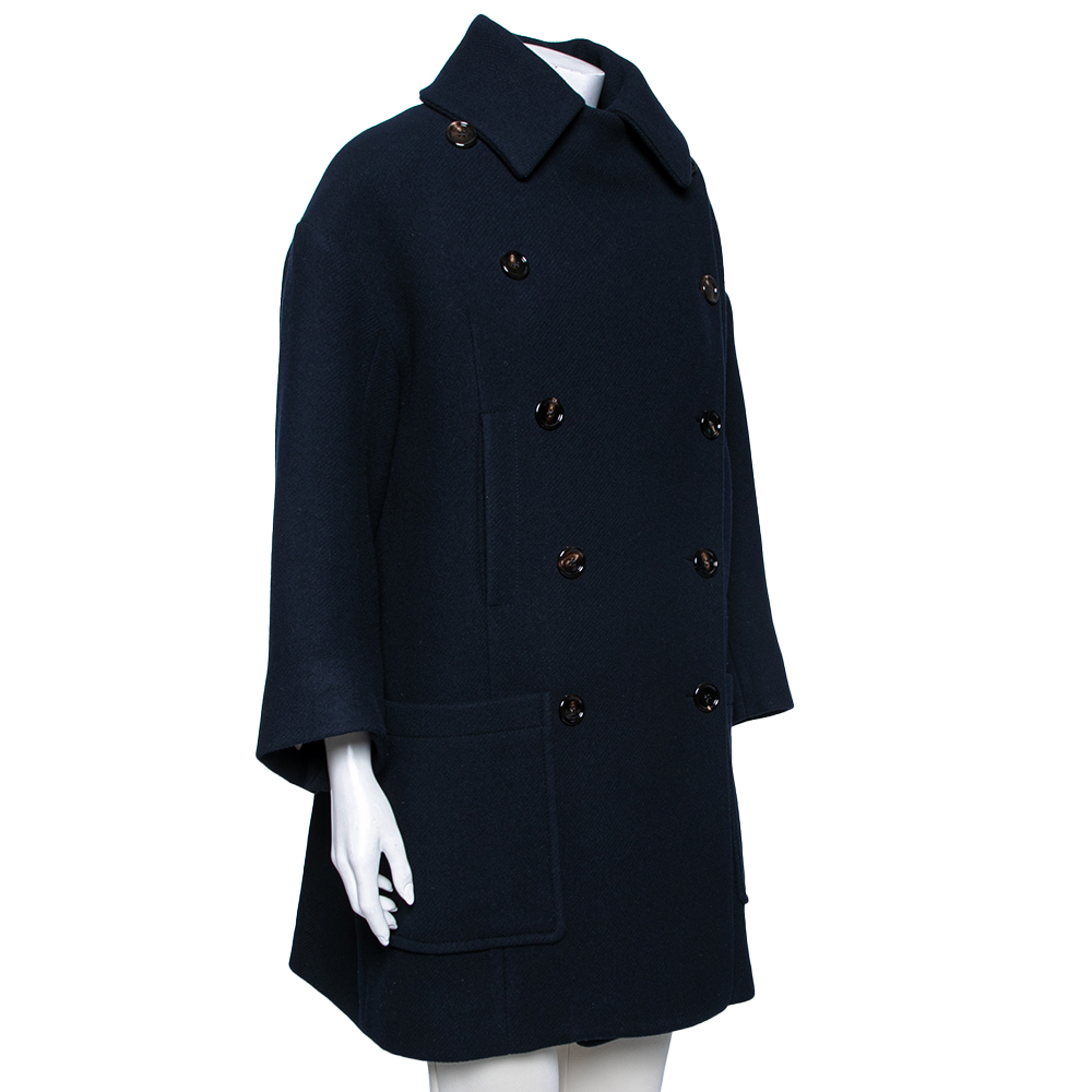 

Chloe Navy Blue Wool Ribbed Collar Detailed Double Breasted Oversized Coat