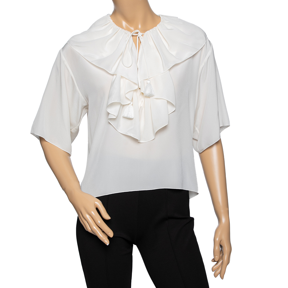 

Chloe Off White Silk Ruffle Trimmed Neck Tie Detail Blouse