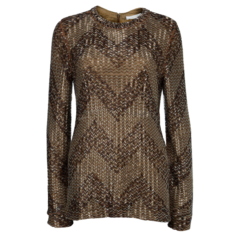 Chloe Gold All Over Beaded Long Sleeve Blouse L
