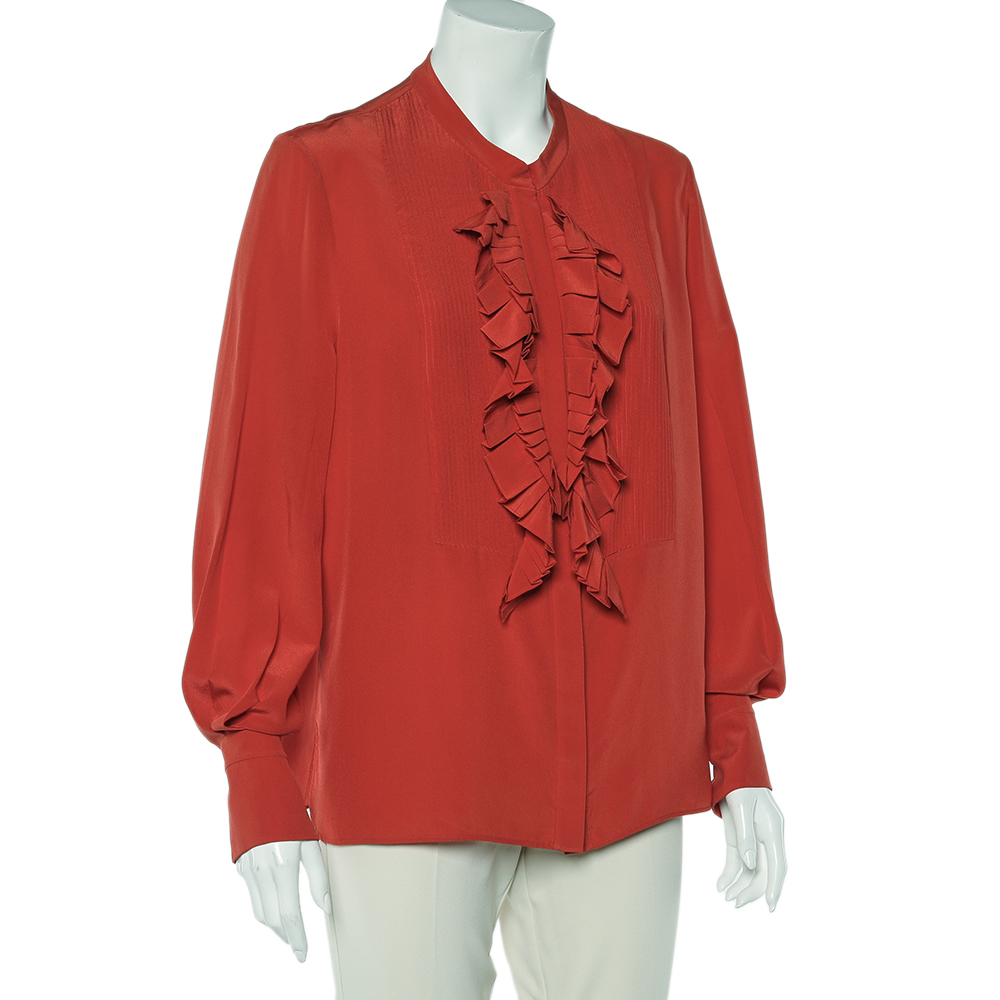 

Chloe Orange Silk Pintuck Ruffle Detail Shirt