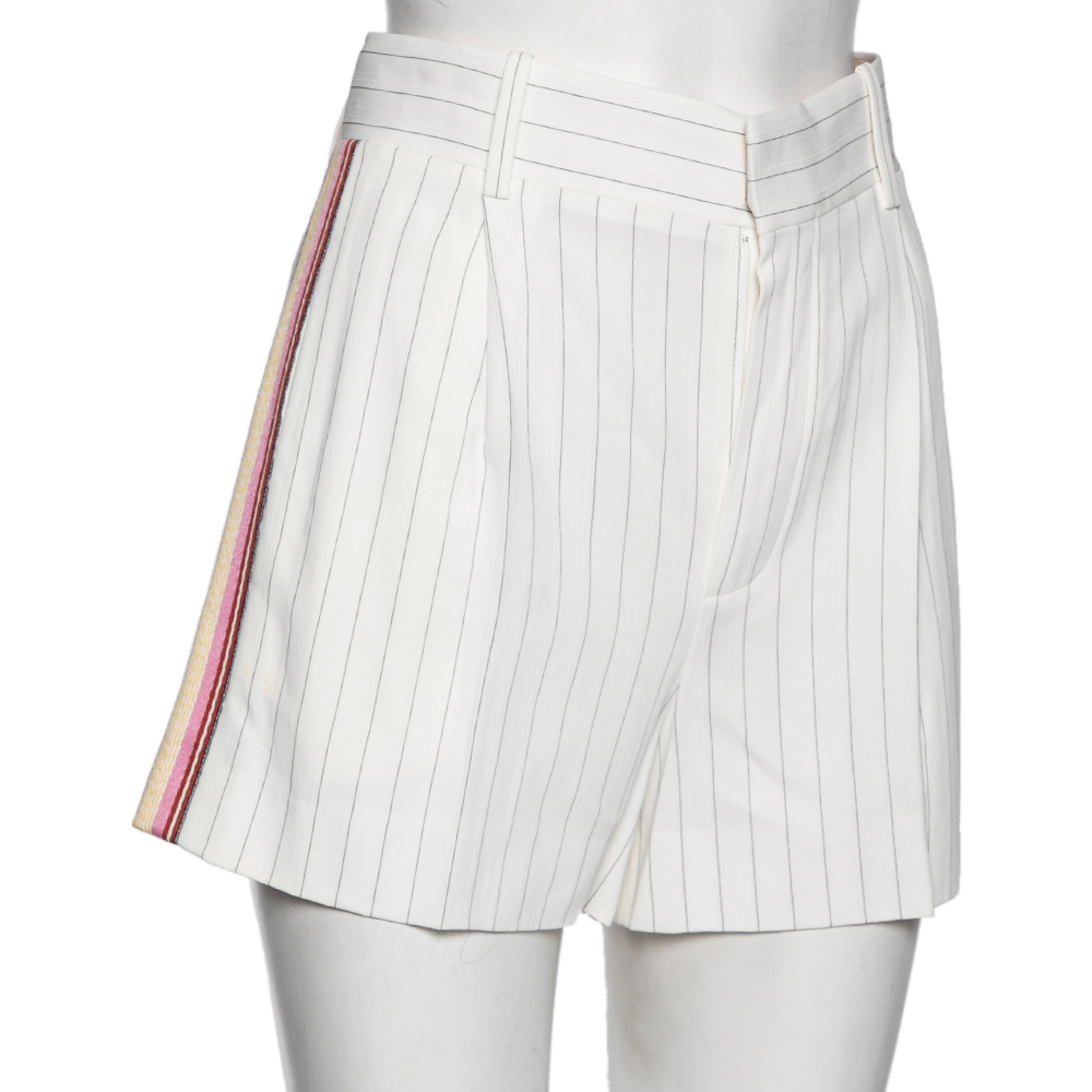 

Chloe White Pinstriped Crepe Contrast Trimmed Shorts