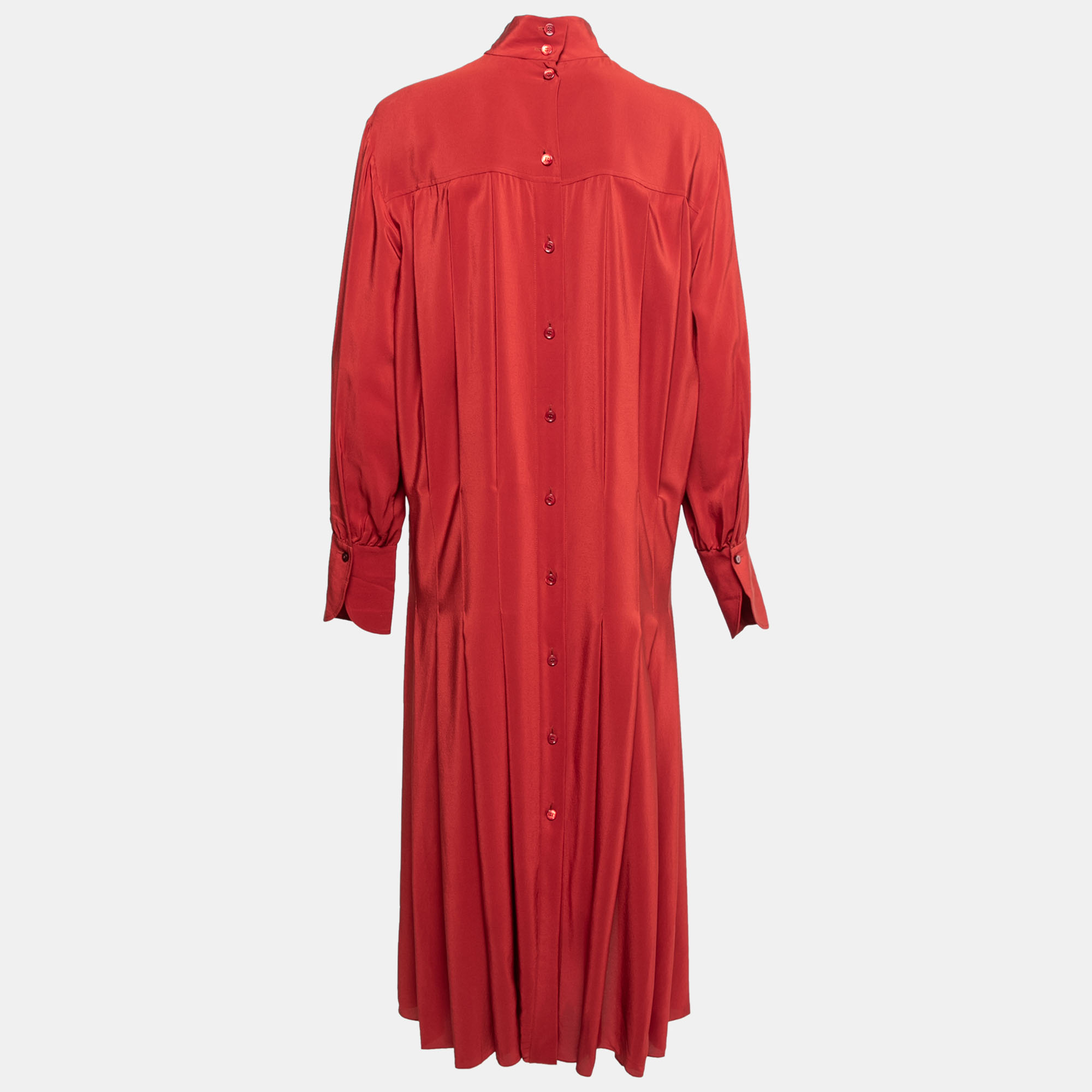 

Chloe Brick Red Silk Pleated Button Front Shirt Dress