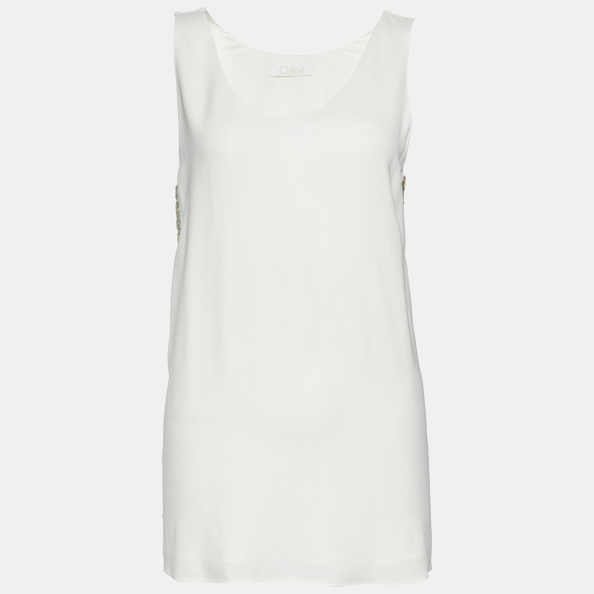 Pre-owned Chloé Off-white Crepe Embellished Sleeveless Blouse M