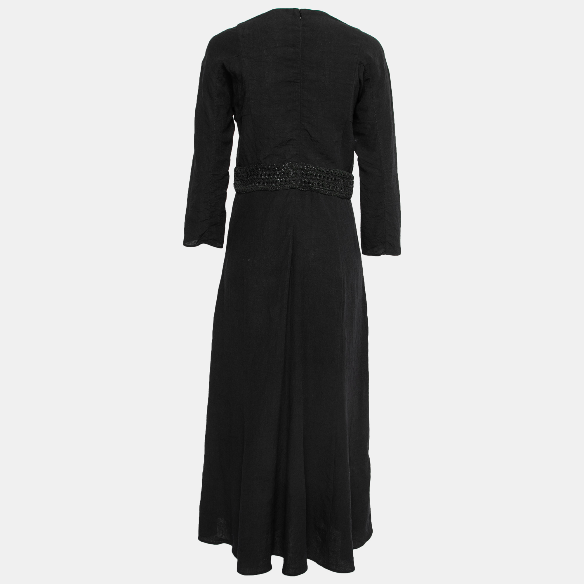 

Chloe Black Linen Crochet Trim Long Sleeve Fringed Dress