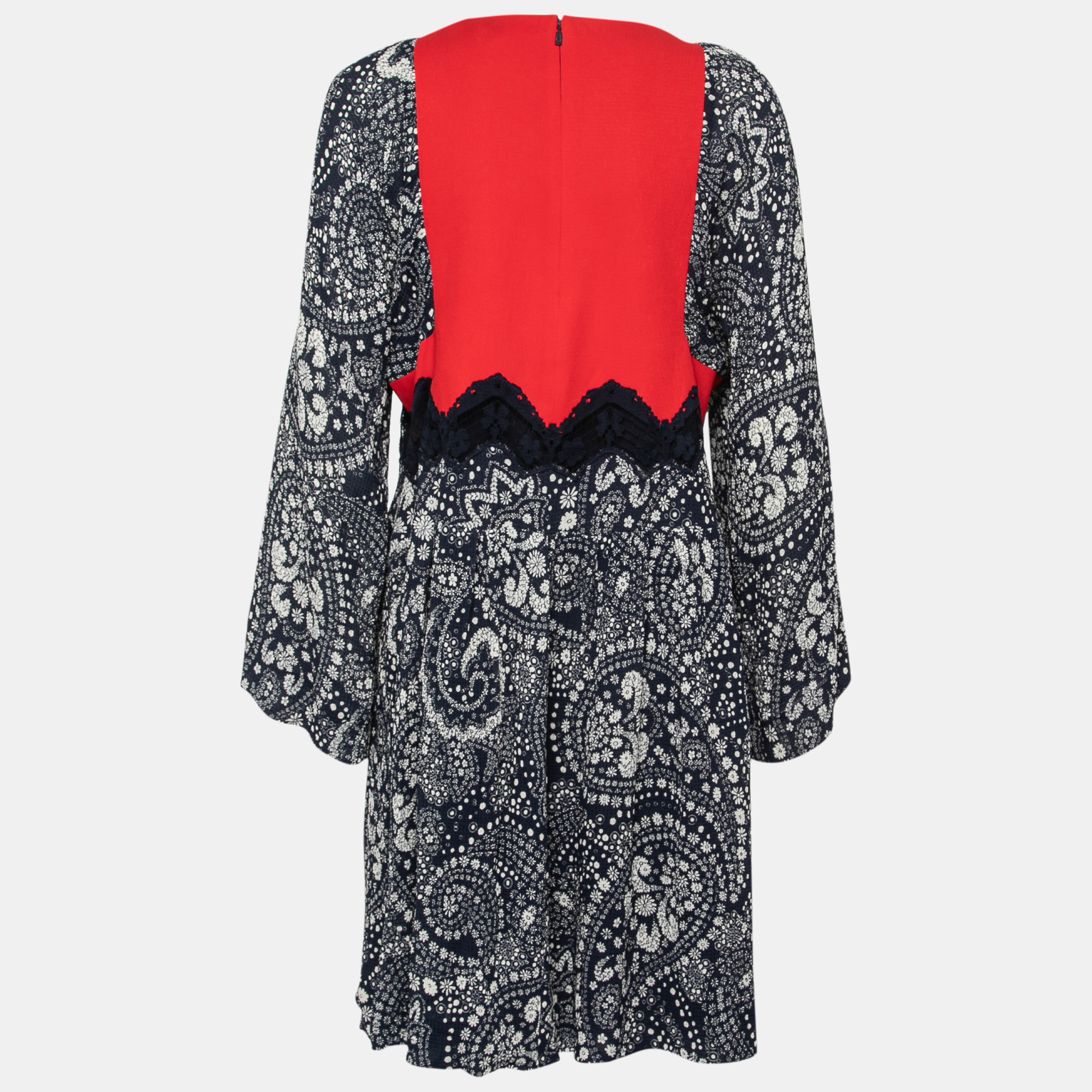 

Chloe Red & Blue Floral Printed Crepe Lace Detail Midi Dress