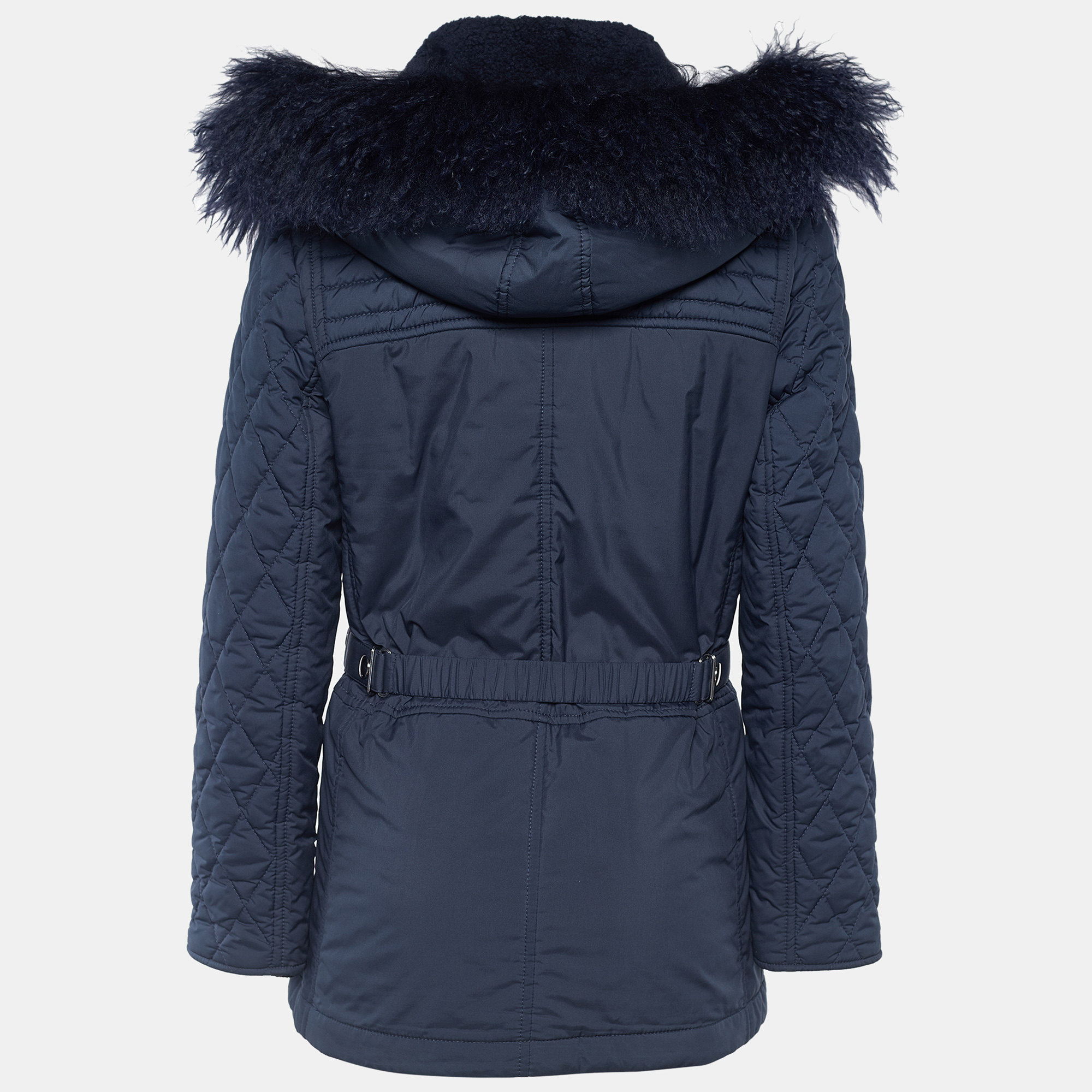 

Chloe Dark Navy Synthetic Detachable Fur Hoodie Puffer Coat, Navy blue