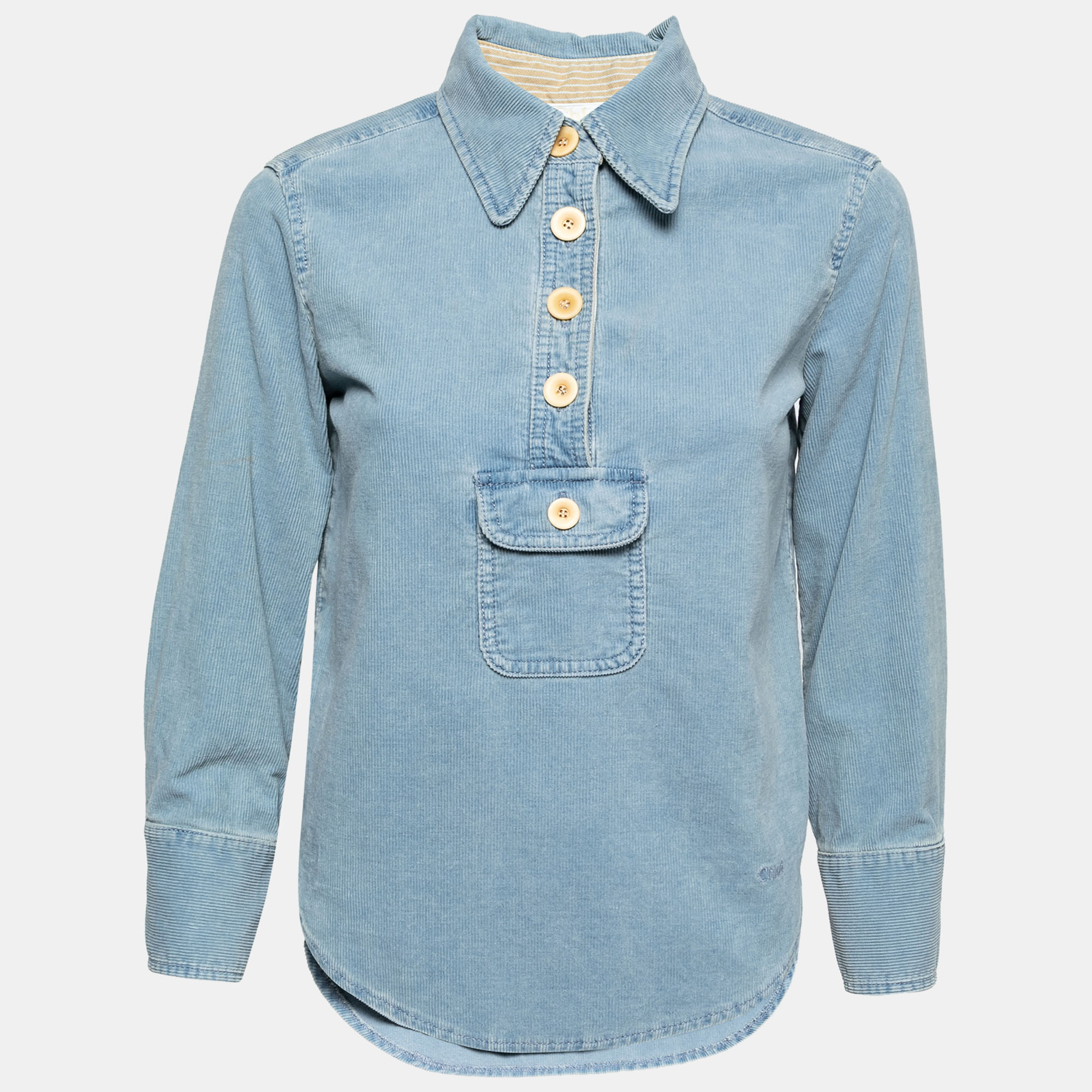 Pre-owned Chloé Light Blue Corduroy Pocket Detail Collared Top S