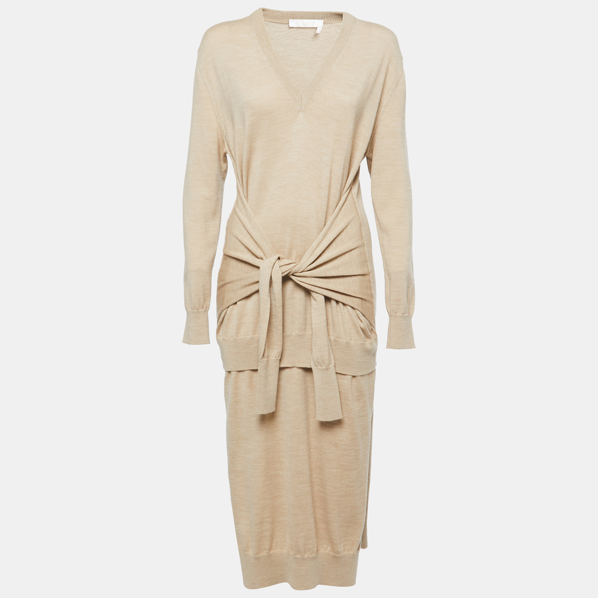 Chloe Tan Brown Wool Wrap Sweater Midi Dress S