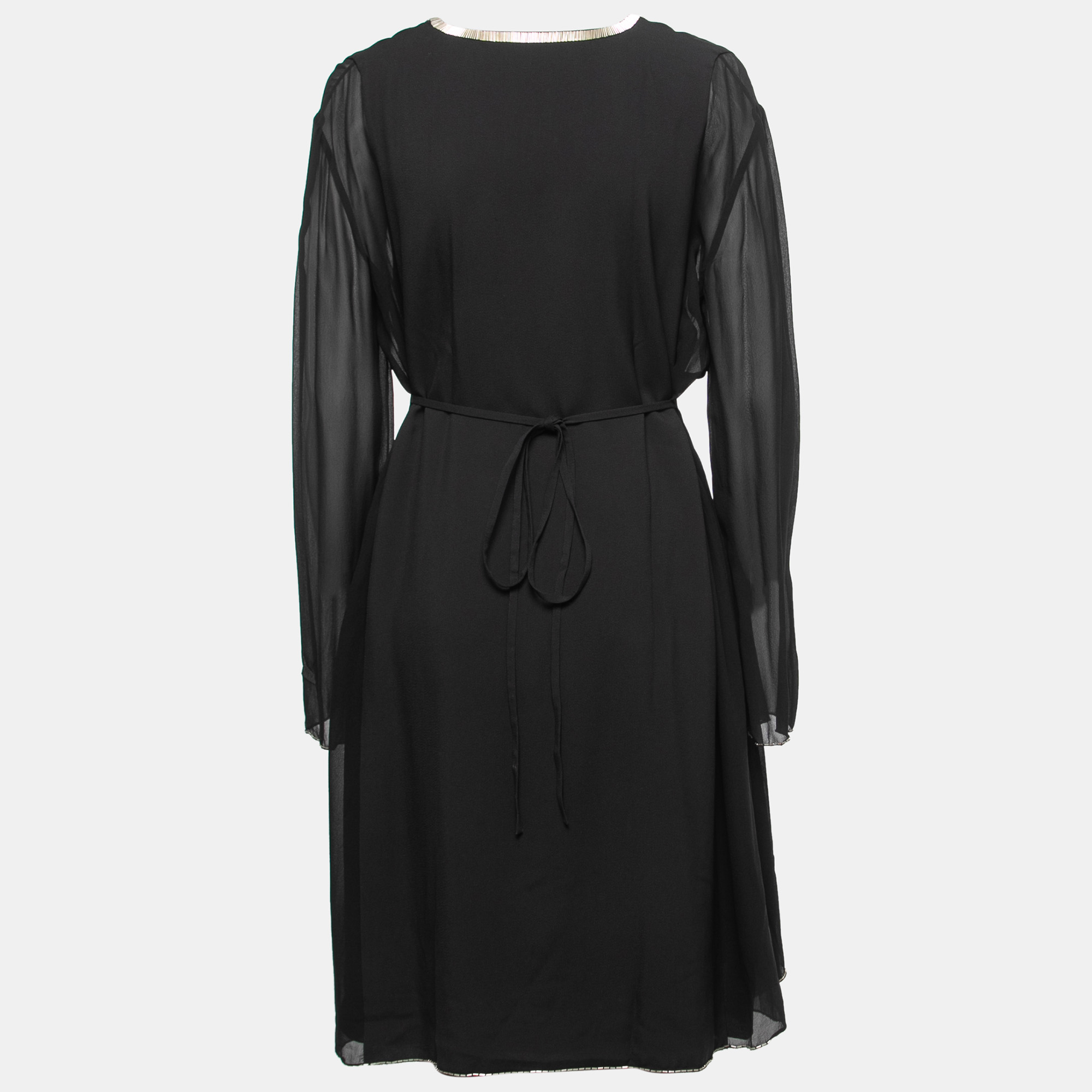 

Chloe Black Crepe & Silk Chiffon V-Neck Full Sleeve A-Line Midi Dress