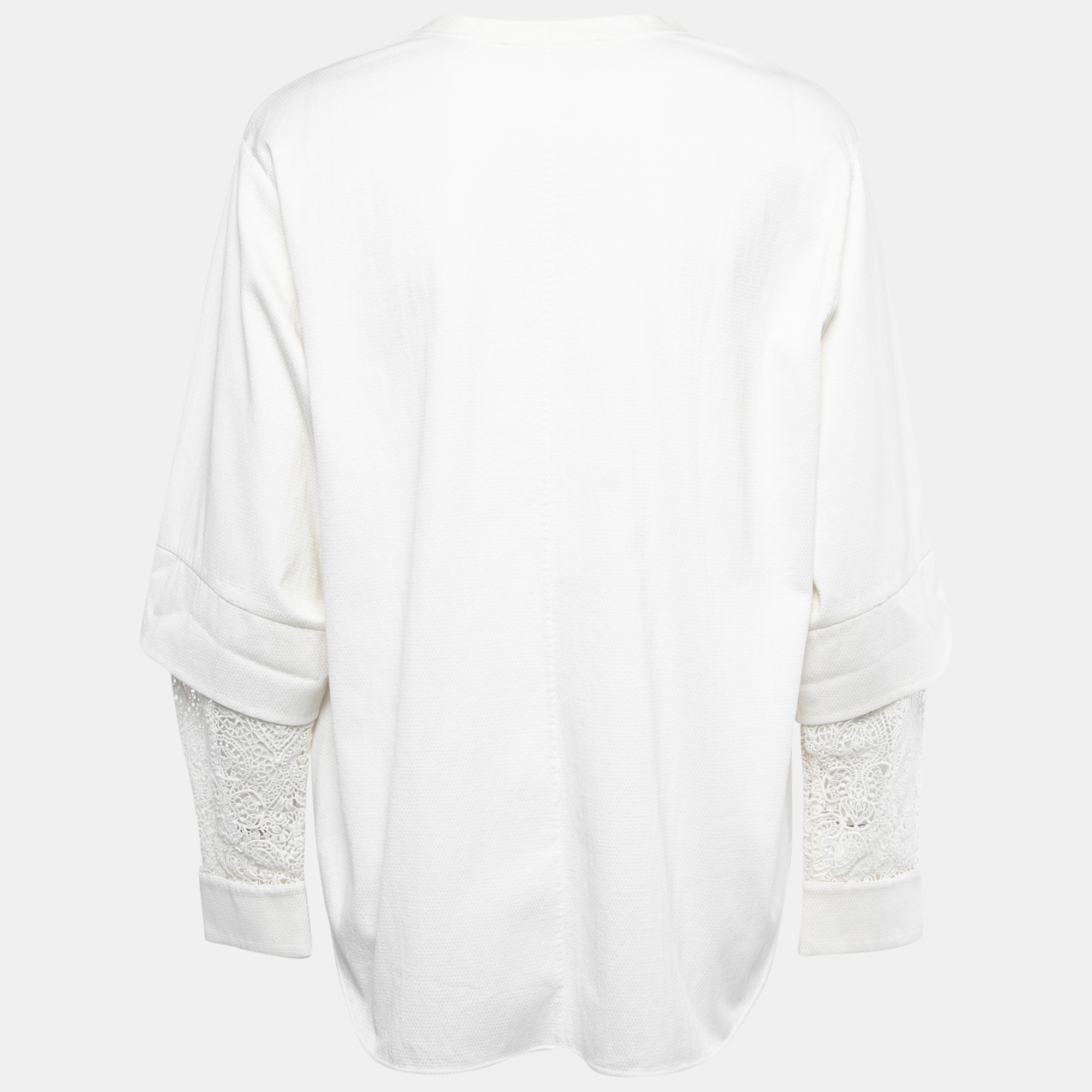 

Chloe White Textured Cotton Lace Paneled Long Sleeve Top