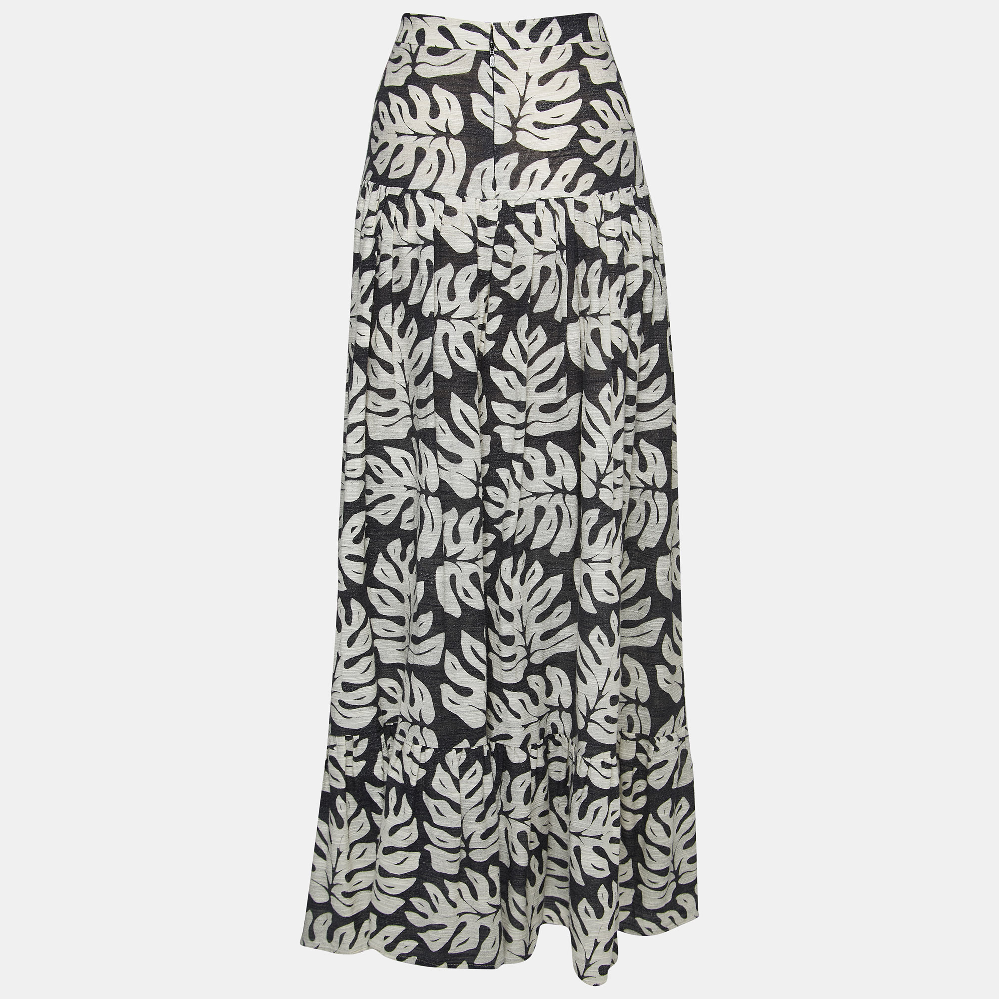 

Chloe Black Leaf Printed Cotton & Wool Maxi Skirt, Grey