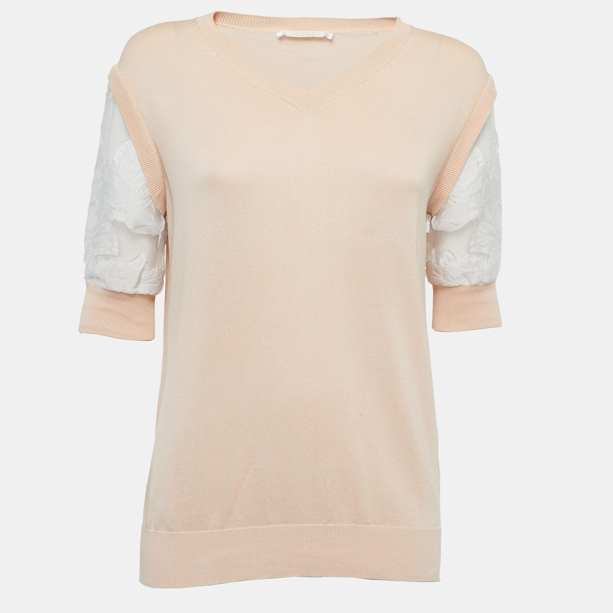 Pre-owned Chloé Beige Cotton Knit Floral Sleeve Detail Top Xs