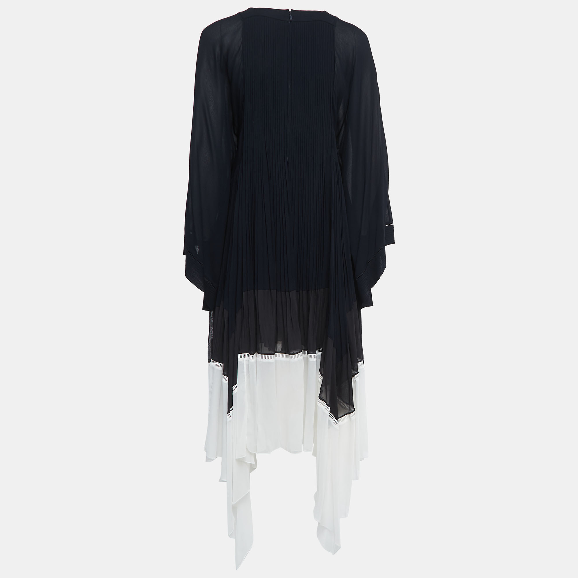 

Chloe Navy Blue/Black Chiffon Pleated Bell Sleeve Midi Dress