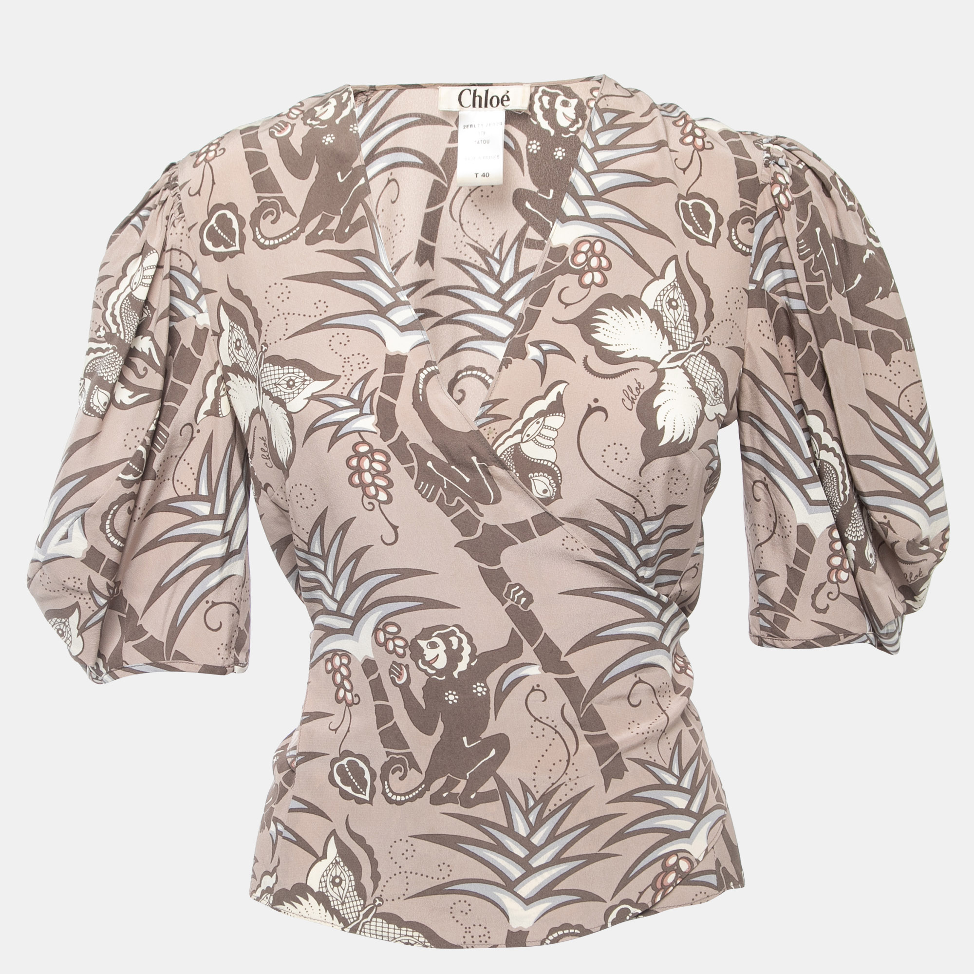 Pre-owned Chloé Light Brown All-over Print Silk Wrap On Blouse M
