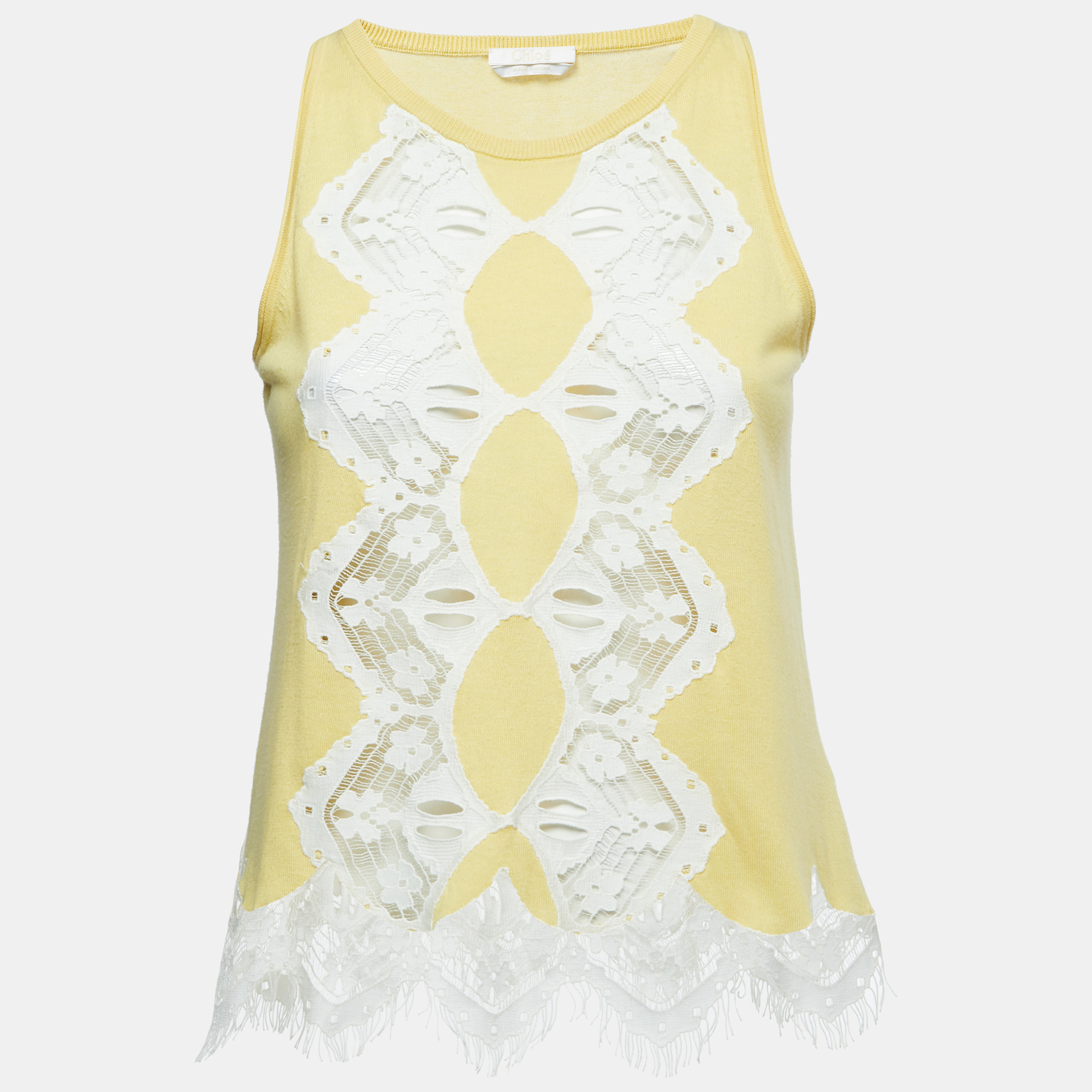 Pre-owned Chloé Yellow Knit Lace Trimmed Tank Top Xs