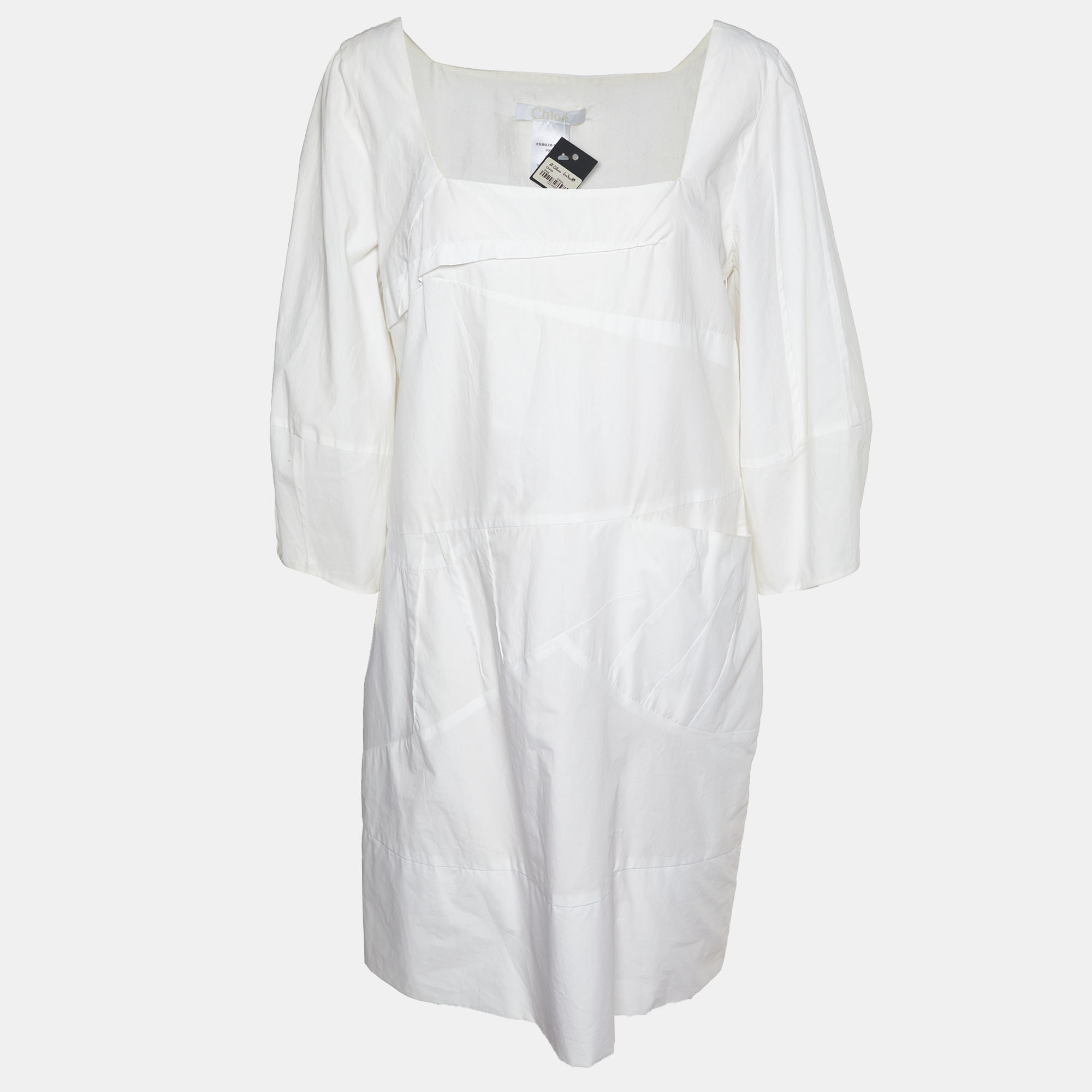Pre-owned Chloé White Cotton Paneled Mini Dress L