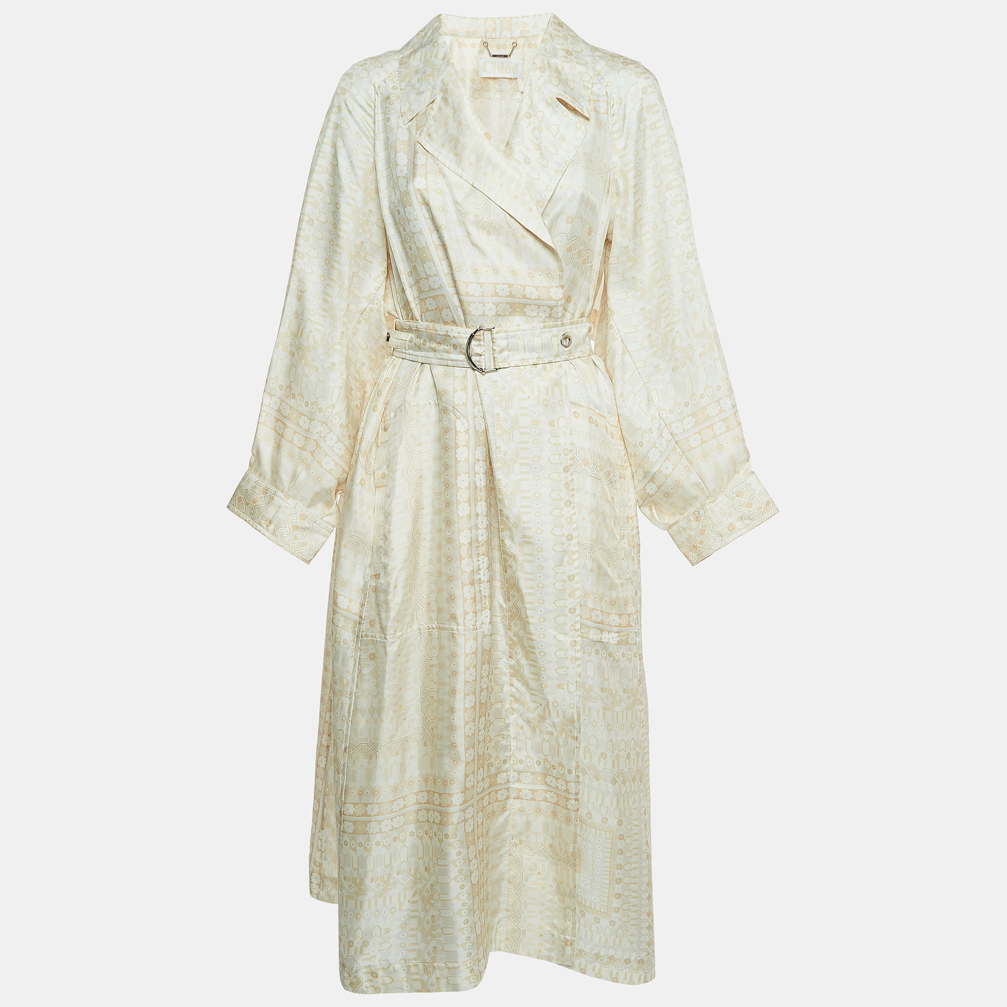 Pre-owned Chloé White Print Silk Open Front Belted Long Coat M
