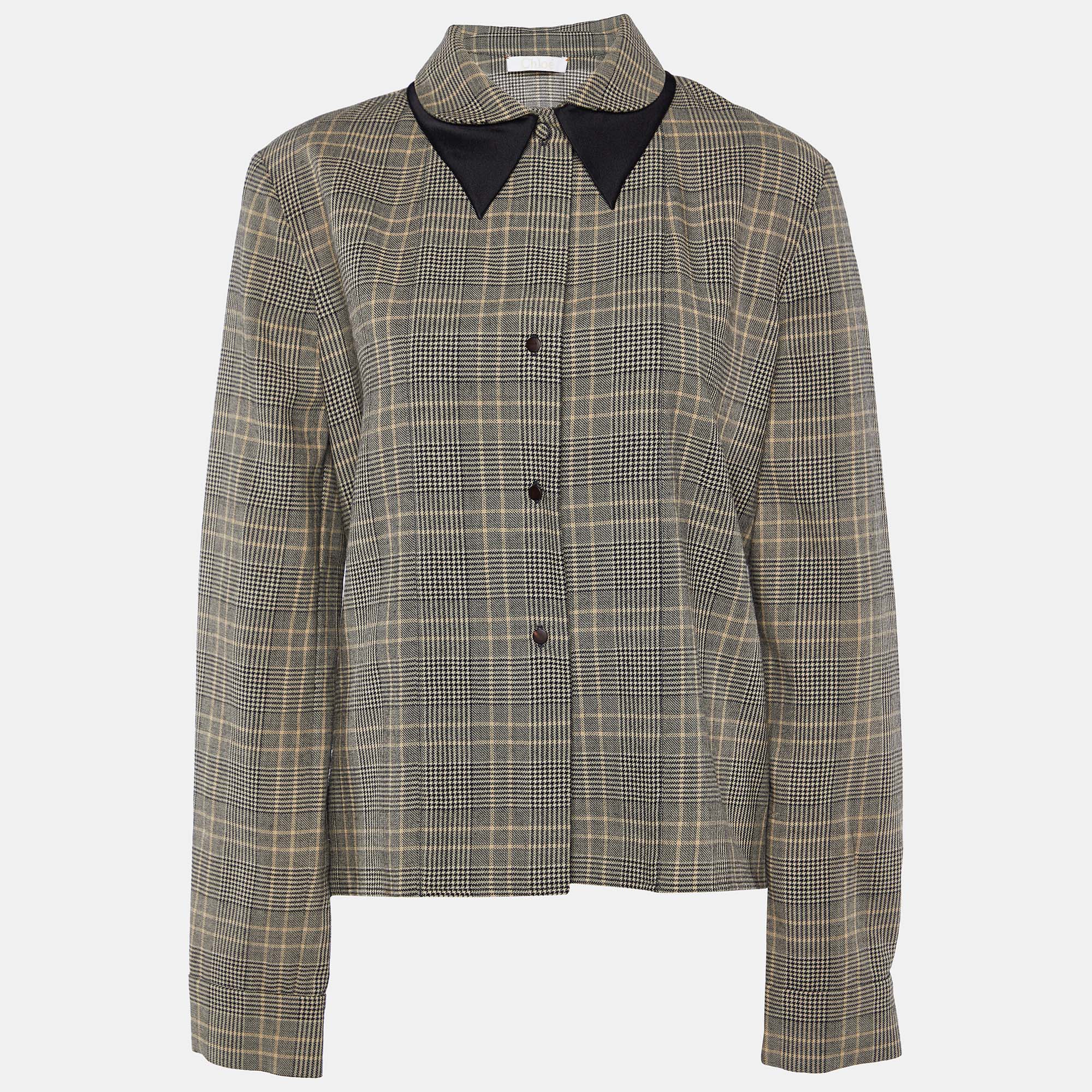 Chloe Beige/Black Checked Wool Double Collar Top L